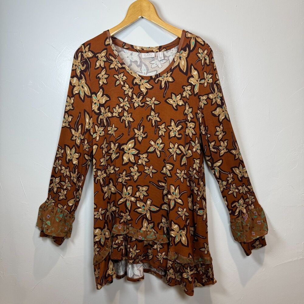LOGO by Lori Goldstein Brown Floral Tunic Top Size Medium Bohemian